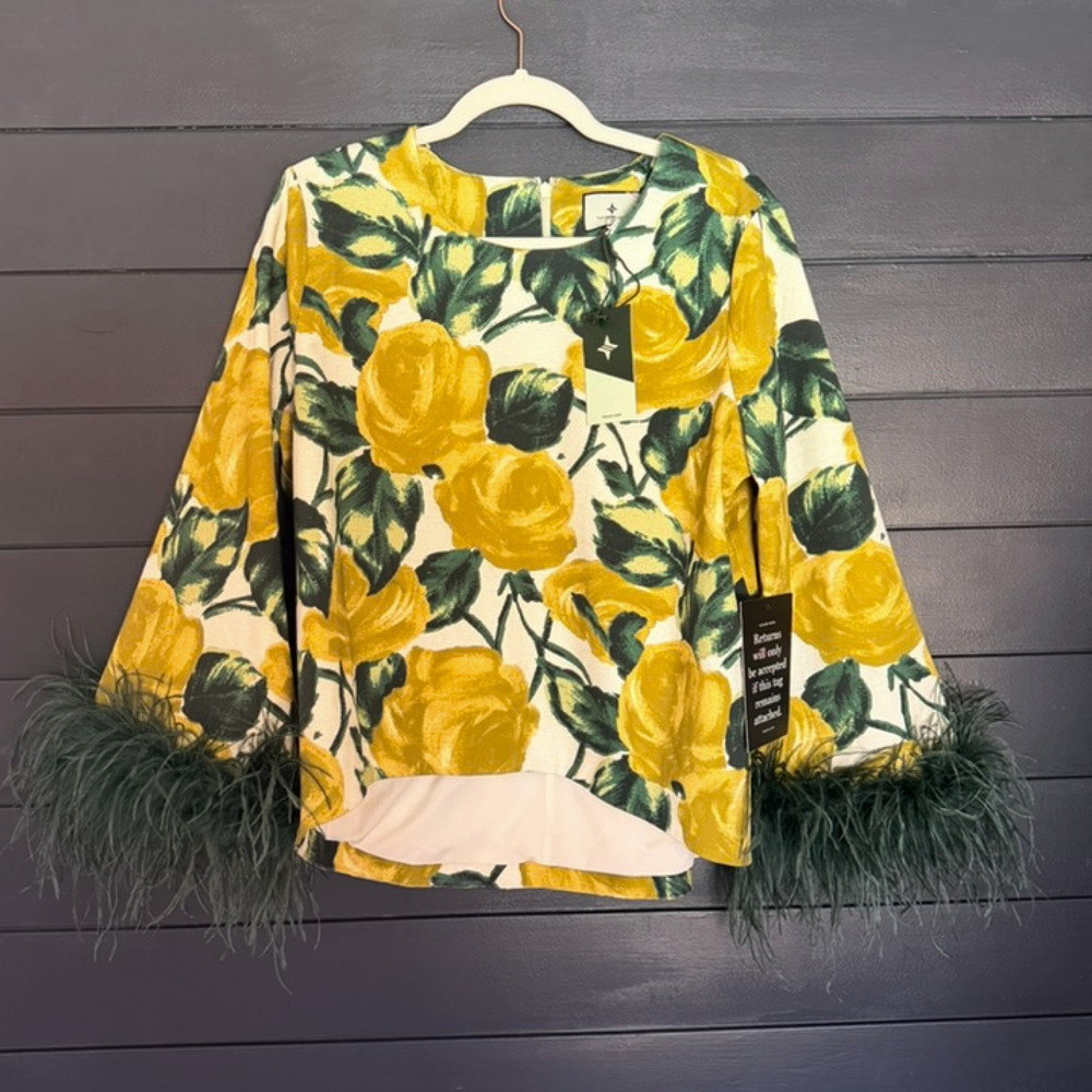 NWT Tuckernuck Giverny Gardens Maxine Top | Yellow Rose Print + Feather Cuffs - Picture 3 of 7